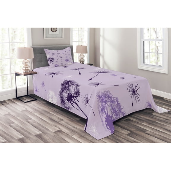 Ambesonne Dandelion Quilted Bedspread Set 2 Pcs, Botany Purple Tone, Twin Size, Lavender Dark Purple