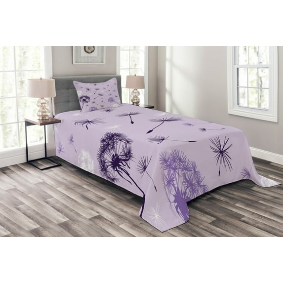 Ambesonne Dandelion Quilted Bedspread Set 2 Pcs, Botany Purple Tone, Twin Size, Lavender Dark Purple