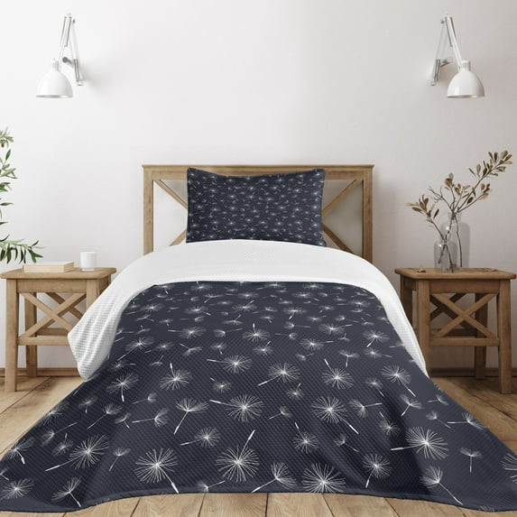Ambesonne Dandelion Quilted Bedspread Set 2 Pcs, Floral Background, Twin Size, Indigo White