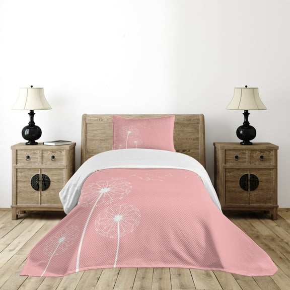 Ambesonne Dandelion Quilted Bedspread Set 2 Pcs, Sketch Style Flowers, Twin Size, Coral White
