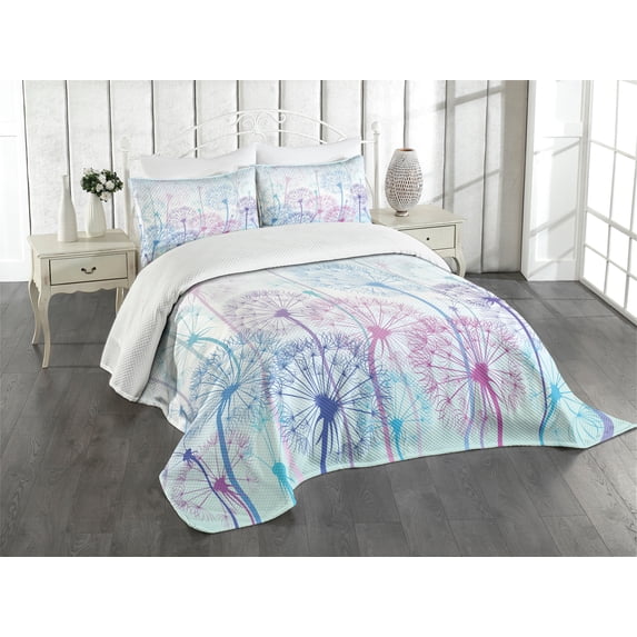 Ambesonne Dandelion Quilted Bedspread Set 3 Pcs, Abstract Flora Design, Queen Size, Pale Blue Violet Pink