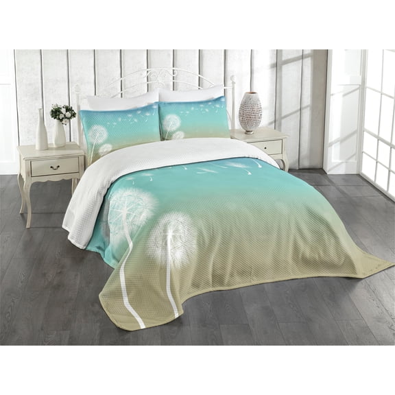 Ambesonne Dandelion Quilted Bedspread Set 3 Pcs, Blowball on Wind, Queen Size, Turquoise Tan White