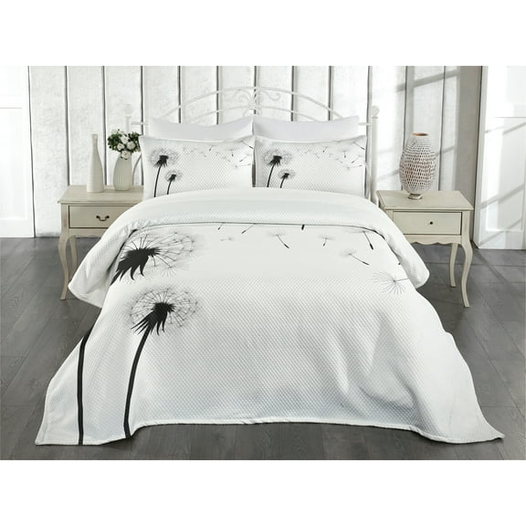 Ambesonne Dandelion Quilted Bedspread Set 3 Pcs, Blowing Away Floral, King Size, Black White