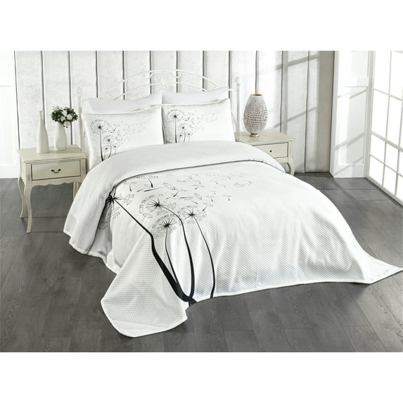 Ambesonne Dandelion Quilted Bedspread Set 3 Pcs, Blown in Wind, King Size, White Charcoal Grey