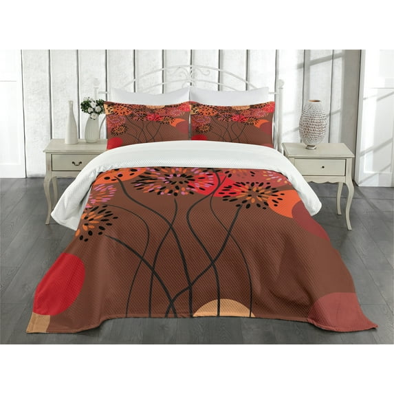 Ambesonne Dandelion Quilted Bedspread Set 3 Pcs, Floral Line Stalks, King Size, Multicolor