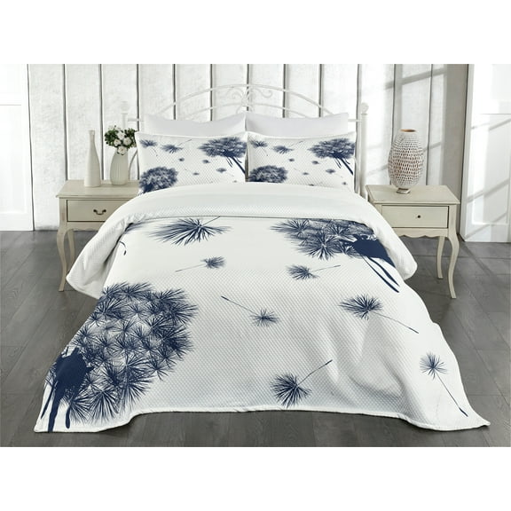 Ambesonne Dandelion Quilted Bedspread Set 3 Pcs, Flying Flower Elements, Queen Size, Indigo and White