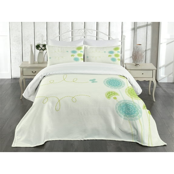 Ambesonne Dandelion Quilted Bedspread Set 3 Pcs, Hand Drawn Plants, King Size, Pale Green Sky Blue