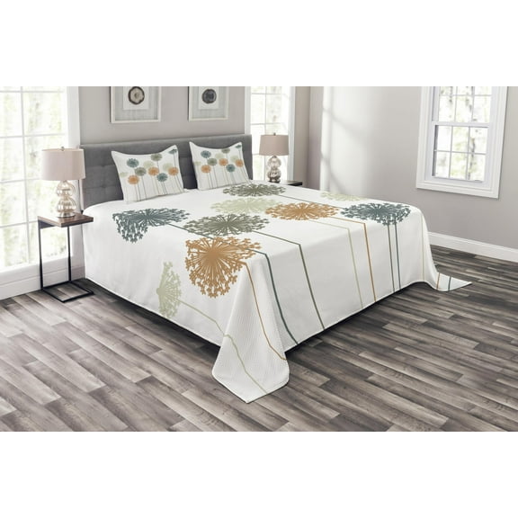 Ambesonne Dandelion Quilted Bedspread Set 3 Pcs, Meadow in Summer Season, King Size, Multicolor