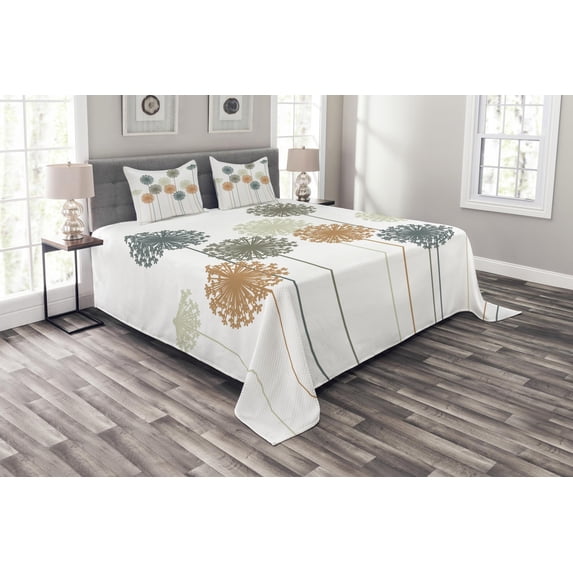 Ambesonne Dandelion Quilted Bedspread Set 3 Pcs, Meadow in Summer Season, Queen Size, Multicolor