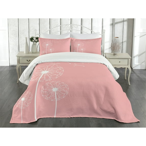 Ambesonne Dandelion Quilted Bedspread Set 3 Pcs, Sketch Style Flowers, King Size, Coral White