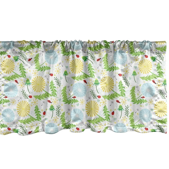 Ambesonne Dandelion Window Valance, Blossoming Blowballs Leaves and Ladybugs Doodle Style Nature, Curtain Valance for Kitchen Bedroom Decor with Rod Pocket, 54" X 12", Pale Blue Yellow