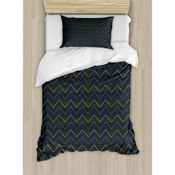Ambesonne Dark Blue Duvet Cover Set, Chevron Neon Effect, Twin, Dark Blue Yellow Green