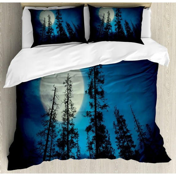 Ambesonne Dark Blue Duvet Cover Sets, Spooky Forest Moon, 2-King, Blue Black White