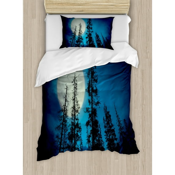 Ambesonne Dark Blue Duvet Cover Sets, Spooky Forest Moon, 2-Twin, Blue Black White