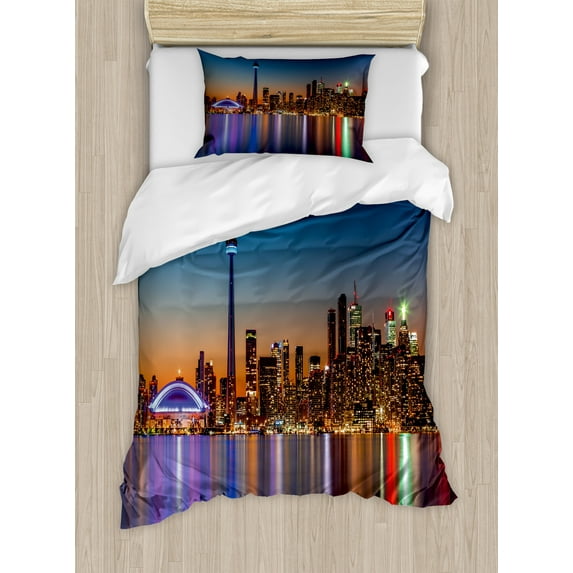 Ambesonne Dark Blue Duvet Cover Sets, Toronto Urban City, 2-Twin, Dark Blue