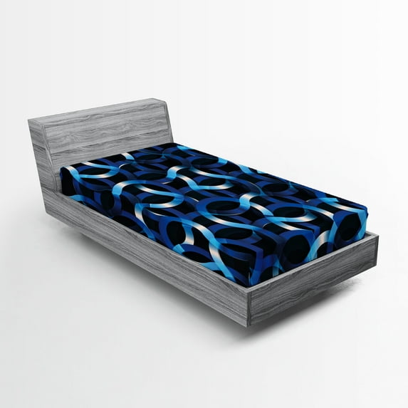 Ambesonne Dark Blue Fitted Sheet, Curvy Modern Shapes, Twin XL Size, Blue Dark Blue White