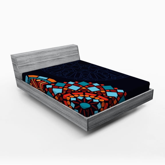 Ambesonne Dark Blue Fitted Sheet, Geometric Mandalas, Full Size, Multicolor