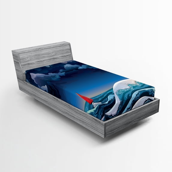Ambesonne Dark Blue Fitted Sheet, Night Seascape Boat, Twin Size, Petrol Blue Teal