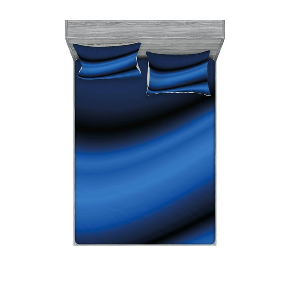 Ambesonne Dark Blue Fitted Sheet & Pillow Sham Set, Abstract Wavy Blurry, Full, Pale Blue Dark Blue