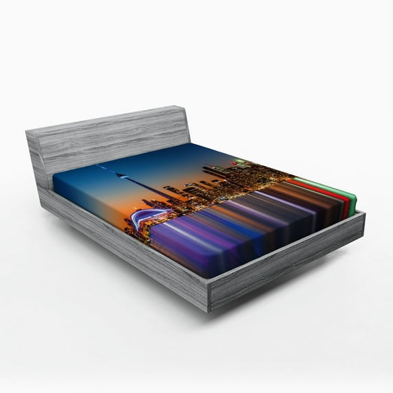 Ambesonne Dark Blue Fitted Sheet, Toronto Urban City, Queen Size, Dark Blue