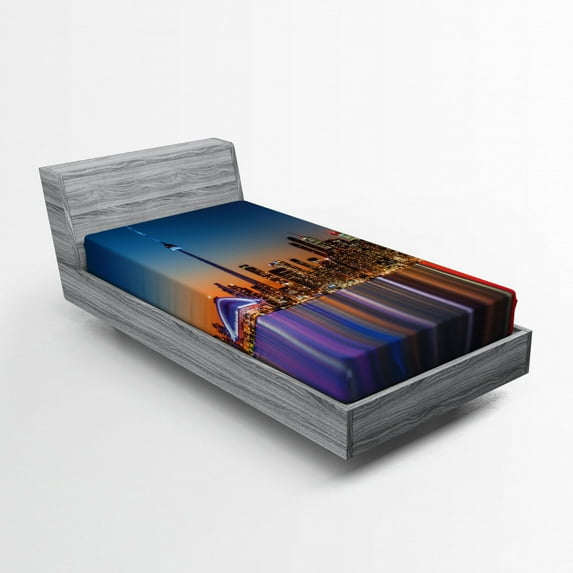 Ambesonne Dark Blue Fitted Sheet, Toronto Urban City, Twin XL Size, Dark Blue