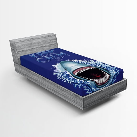 Ambesonne Dark Blue Fitted Sheet, Wild Shark Hunter, Twin Size, White and Blue