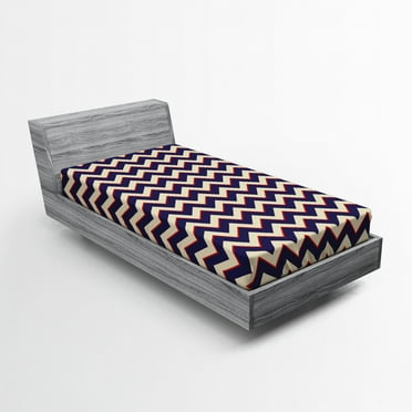 Ambesonne Dark Blue Fitted Sheet, Zigzag Modern Lines, Twin XL Size, Purple Tan Red
