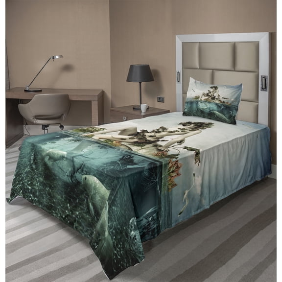 Ambesonne Dark Blue Fitted & Top Sheet Set with Sham, Mermaid on a Shell, Blue Beige Teal