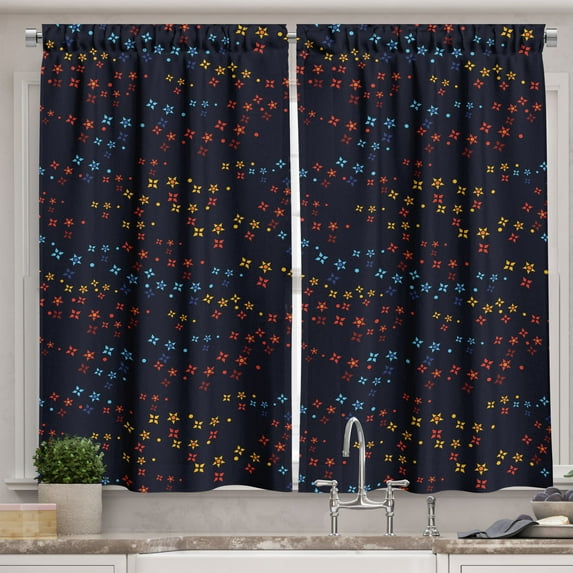 Ambesonne Dark Blue Kitchen Curtains, Vibrant Stars Flowers, 55"x39", Multicolor