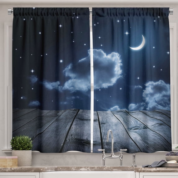 Ambesonne Dark Blue Kitchen Curtains, Vivid Night Sky Wood, 55"x39", Dark Blue White