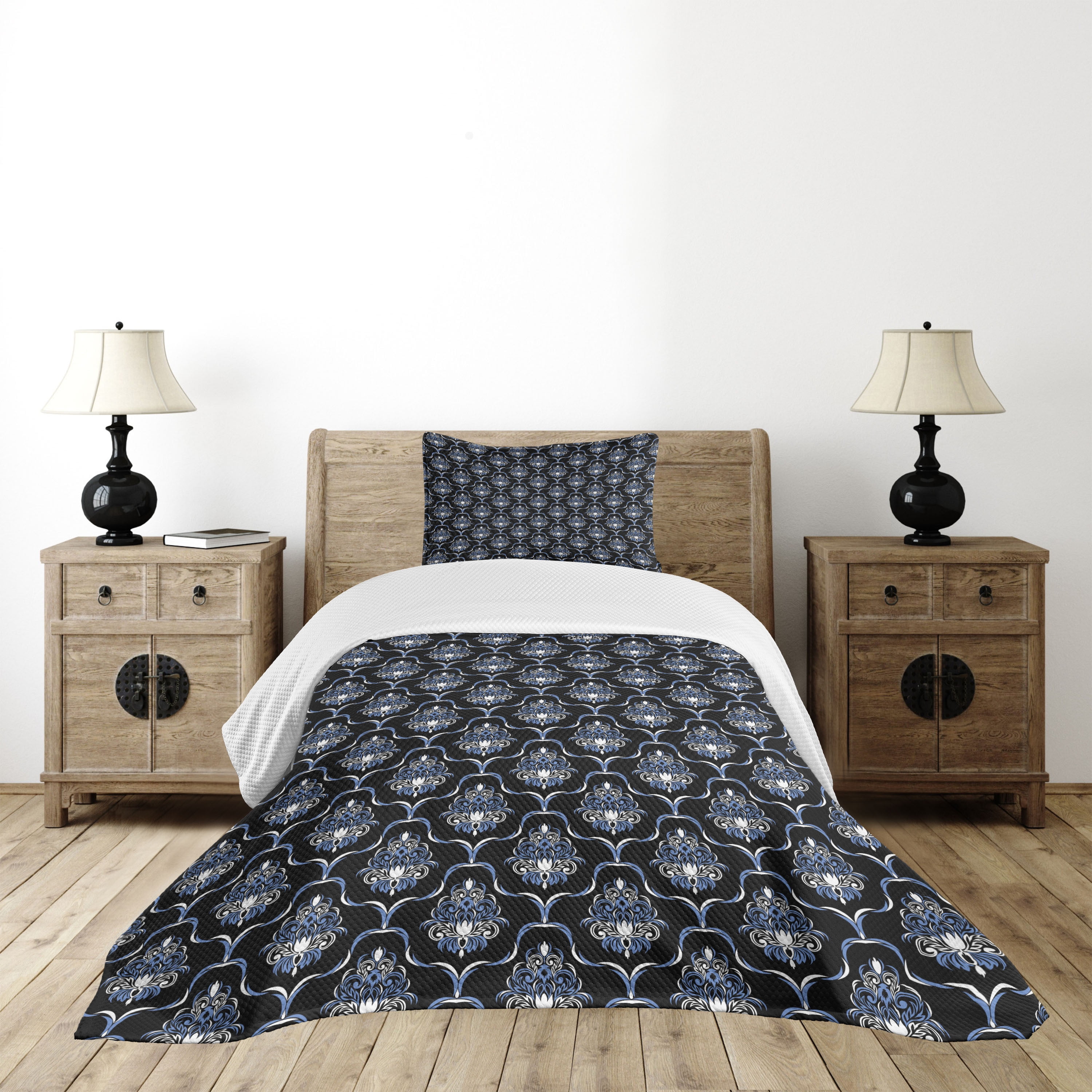 Twin Blue Quilted Bedspread Set with Pillow Sham