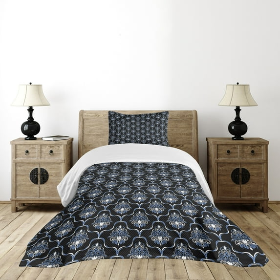Ambesonne Dark Blue Quilted Bedspread Set 2 Pcs, Vintage Royal Damask, Twin Size, Pale Blue Dark Blue