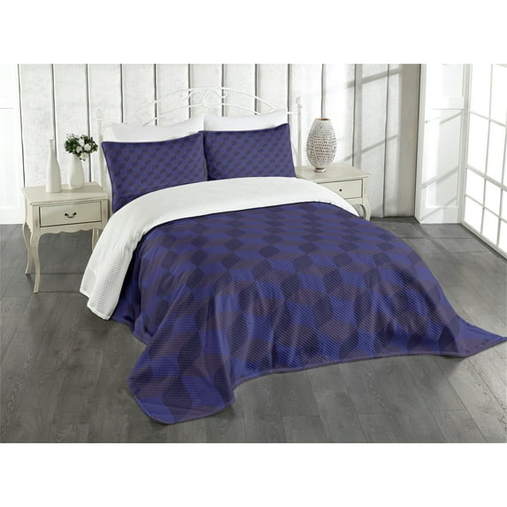 Ambesonne Dark Blue Quilted Bedspread Set 3 Pcs, Indigo 3D Paint Cubes, Queen Size, Dark Blue and Blue