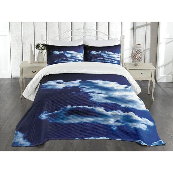 Ambesonne Dark Blue Quilted Bedspread Set 3 Pcs, Sky Dramatic Clouds, Queen Size, Blue Dark Blue White