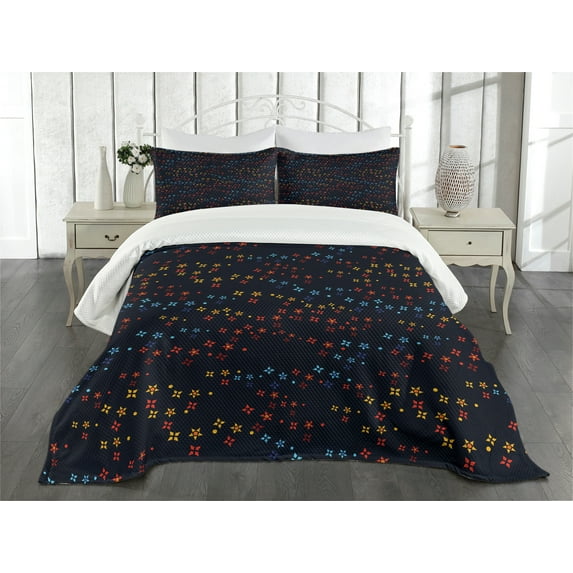 Ambesonne Dark Blue Quilted Bedspread Set 3 Pcs, Vibrant Stars Flowers, Queen Size, Multicolor