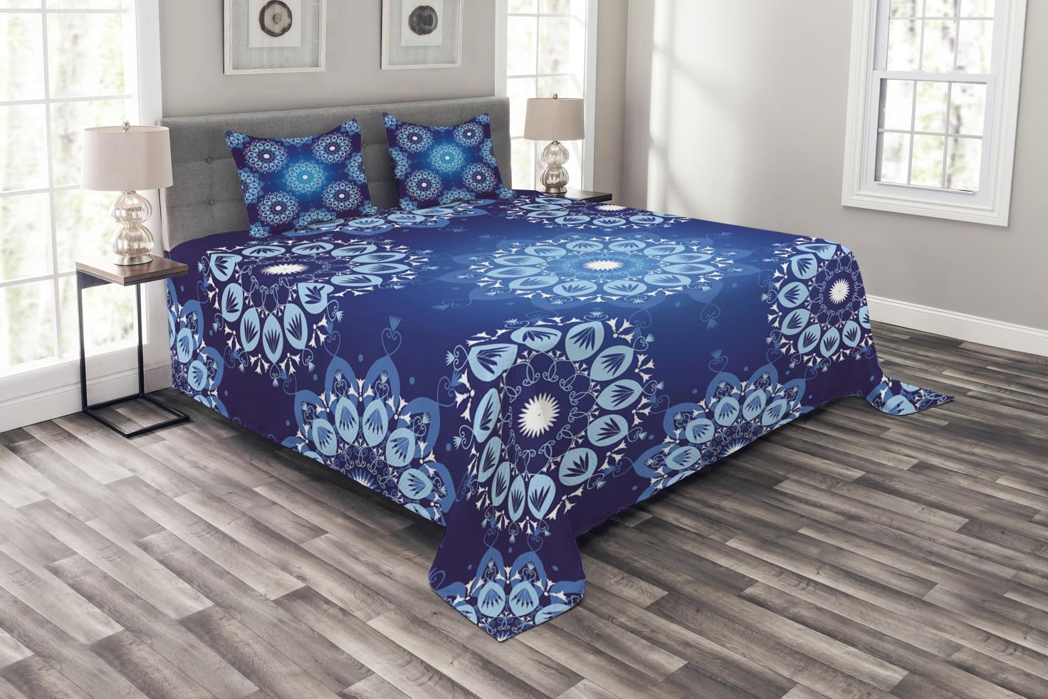 Queen Blue Polyester Bedspread Set with Snowflake Design