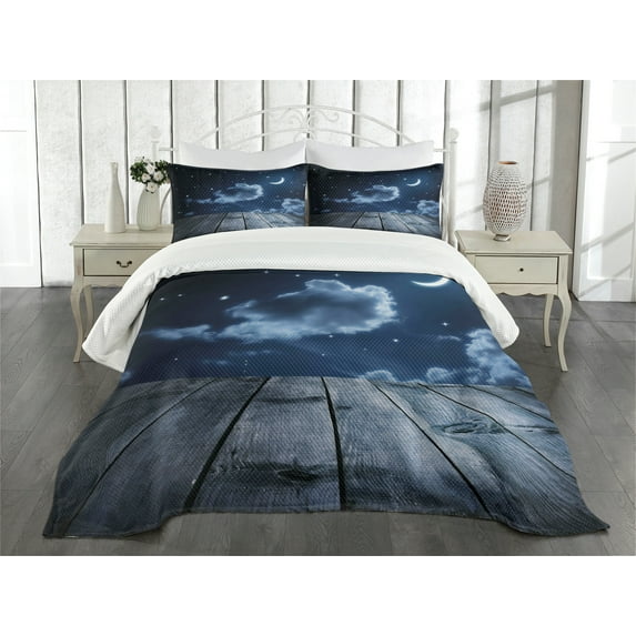 Ambesonne Dark Blue Quilted Bedspread Set 3 Pcs, Vivid Night Sky Wood, Queen Size, Dark Blue White