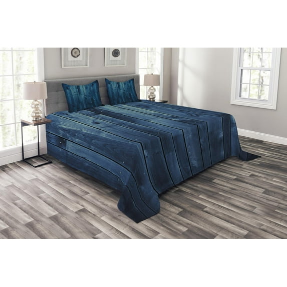 Ambesonne Dark Blue Quilted Bedspread Set 3 Pcs, Wooden Planks Texture, King Size, Pale Blue Dark Blue