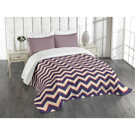 Ambesonne Dark Blue Quilted Bedspread Set 3 Pcs, Zigzag Modern Lines, Queen Size, Purple Tan Red