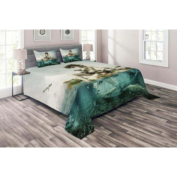 Ambesonne Dark Blue Quilted Coverlet 3 Pcs, Mermaid on a Shell, Queen Size, Blue Beige Teal