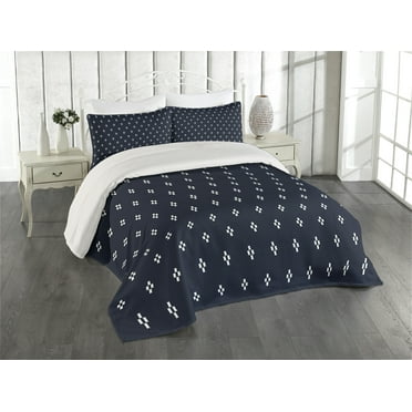 Ambesonne Dark Blue Quilted Coverlet 3 Pcs, Navy Inspired Pattern, King Size, Dark Blue and White