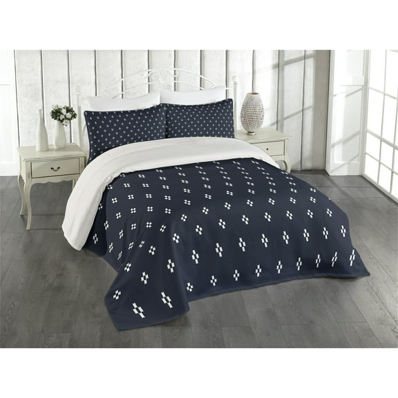 Ambesonne Dark Blue Quilted Coverlet 3 Pcs, Navy Inspired Pattern, King Size, Dark Blue and White