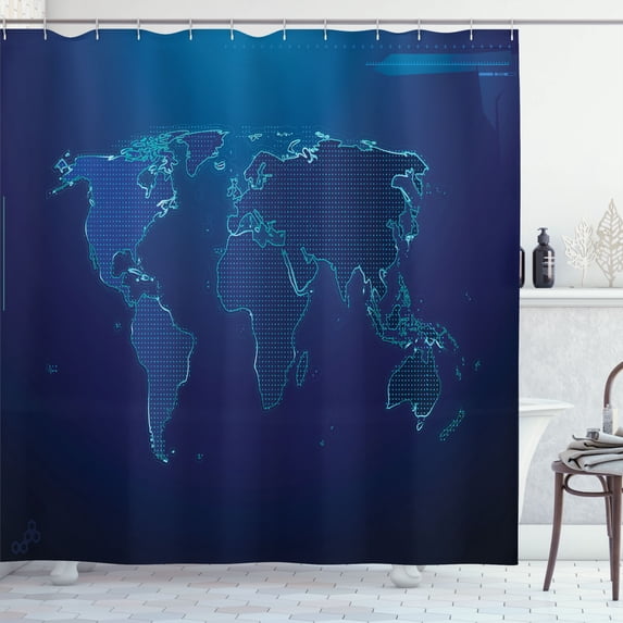 Ambesonne Dark Blue Shower Curtain, World Map Monotone Style, 69"Wx84"L, Indigo Cobalt Blue