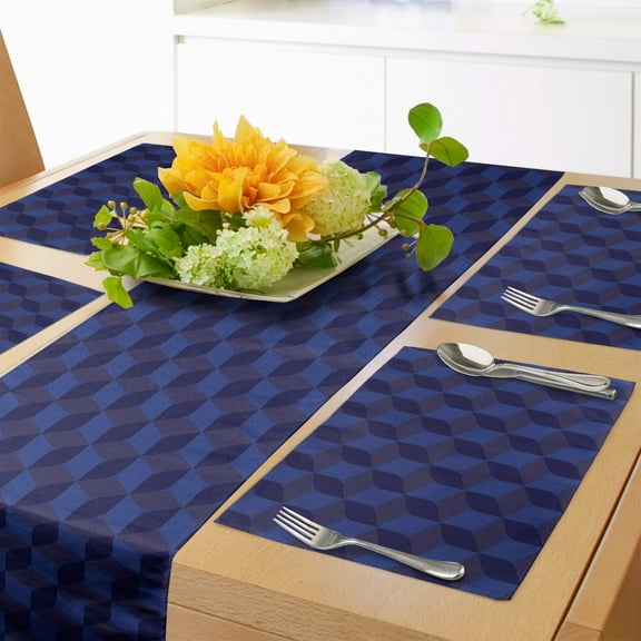 Ambesonne Dark Blue Table Runner & Placemats, Indigo 3D Paint Cubes, Placemat 4 pcs + Runner 12"x72", Dark Blue and Blue