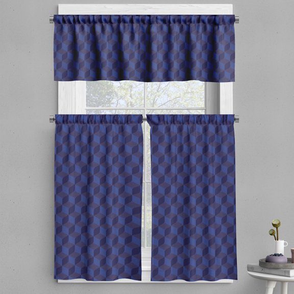 Ambesonne Dark Blue Valance & Curtain, Indigo 3D Paint Cubes, 55"x45", Dark Blue and Blue