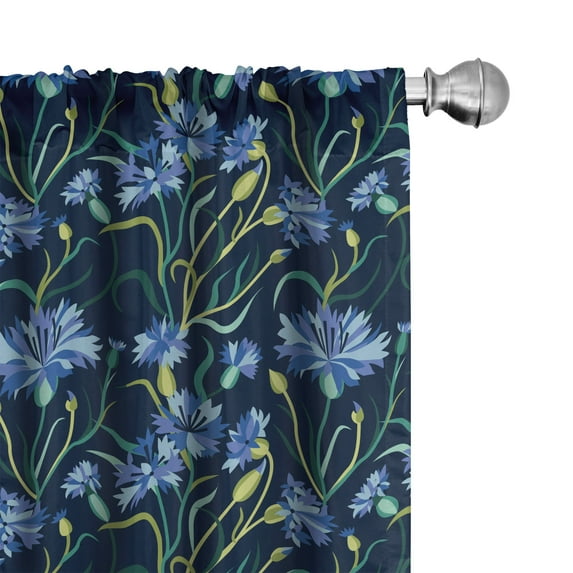 Ambesonne Dark Floral Window Curtains, Blooming Cornflowers, Each 28" W x 63" L, Night Blue and Apple Green