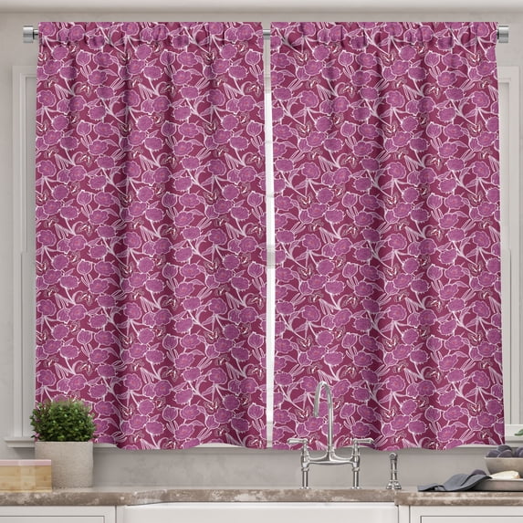 Ambesonne Dark Floral Kitchen Curtains, Vintage Butterflies Art, 55"x45", Magenta Ruby Maroon