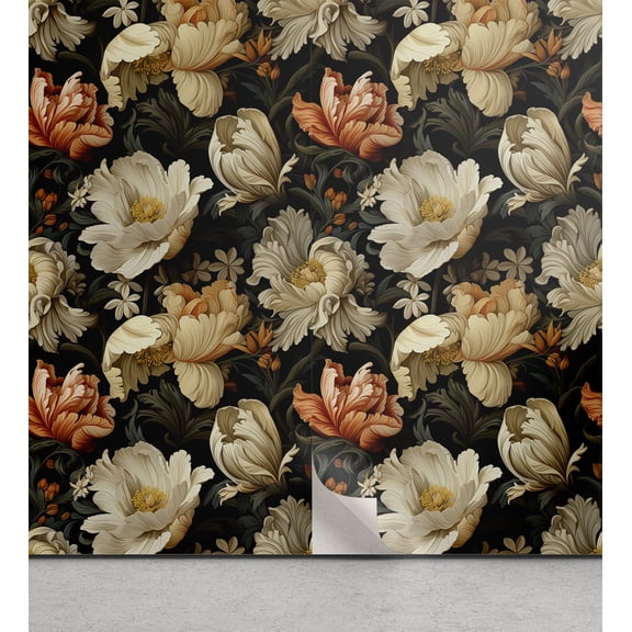 Ambesonne Dark Floral Peel & Stick Wallpaper for Home, Baroque Style Flowers, 13"x36", Eggshell Salmon and Sepia