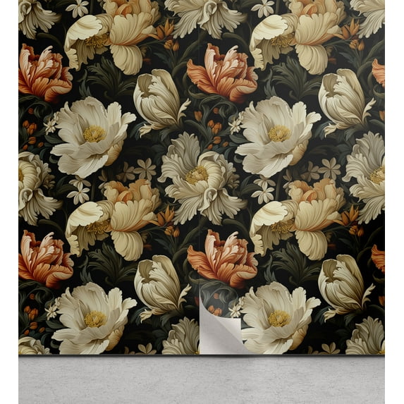 Ambesonne Dark Floral Peel & Stick Wallpaper for Home, Baroque Style Flowers, 13"x72", Eggshell Salmon and Sepia