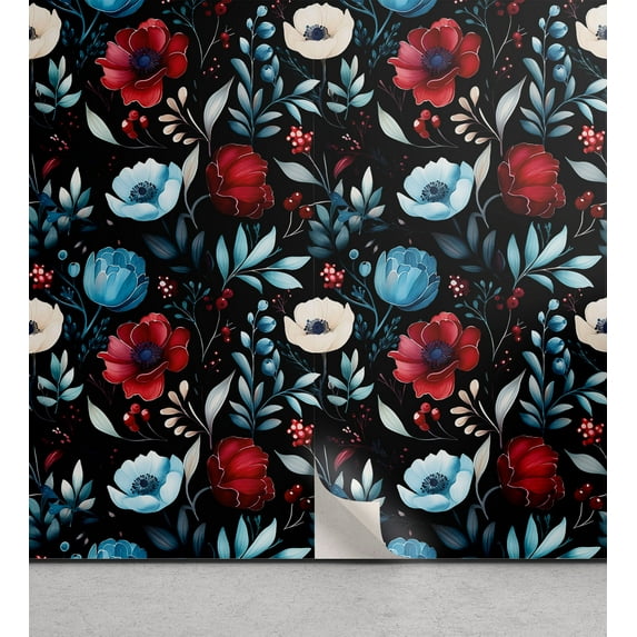 Ambesonne Dark Floral Peel & Stick Wallpaper for Home, Botanic Midnight Flower, 13"x72", Pale Blue Ruby Black